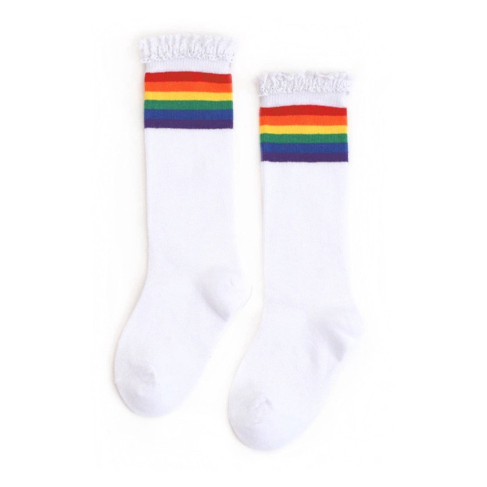 Little Stocking Co. Rainbow Stripe Lace Top Knee High Socks